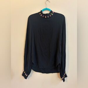 Essential Antwerp Cimbi Fringes High Neck Long Sleeve Beaded Blouse Top Shirt